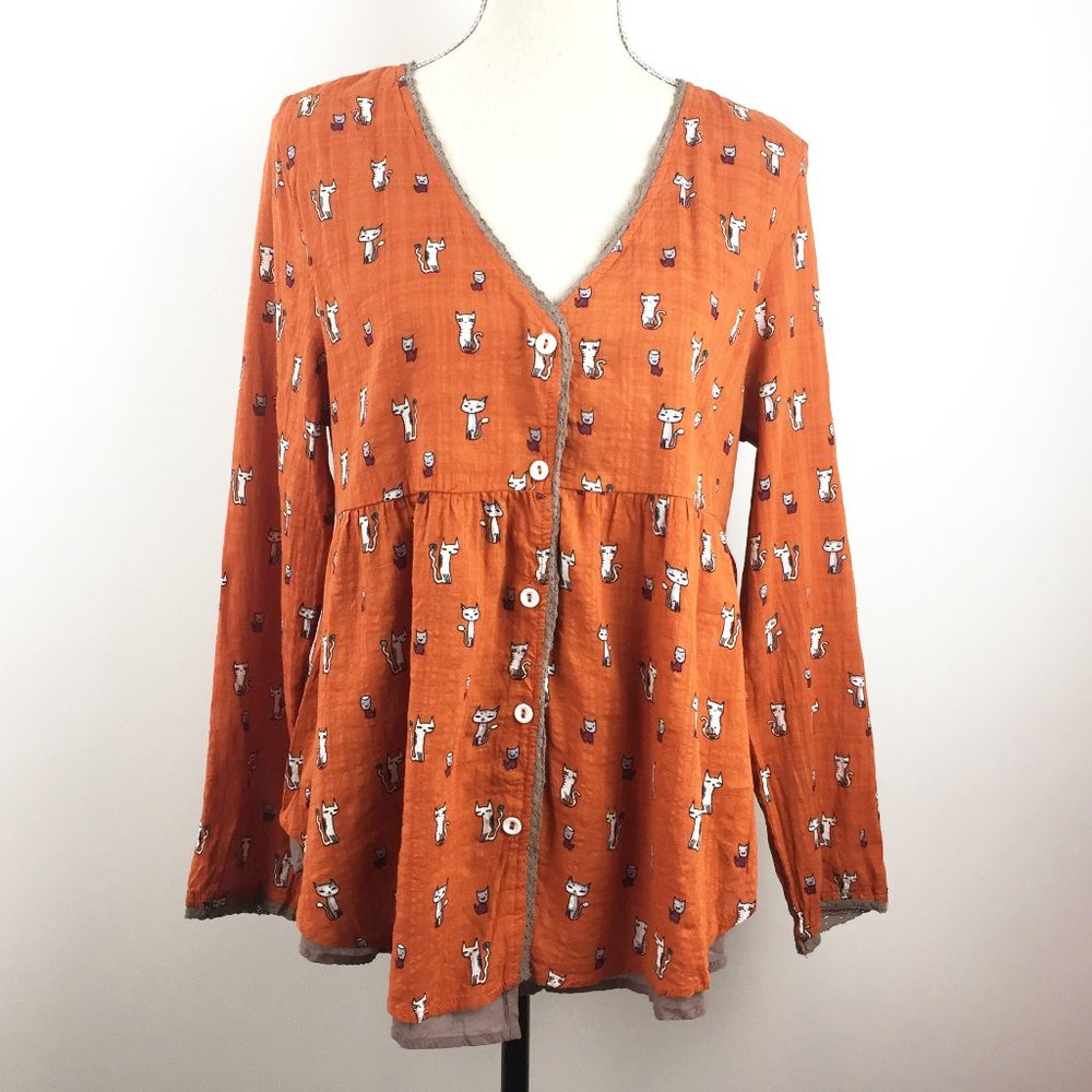 Gracila Kitty Cat Print Button Down Top L